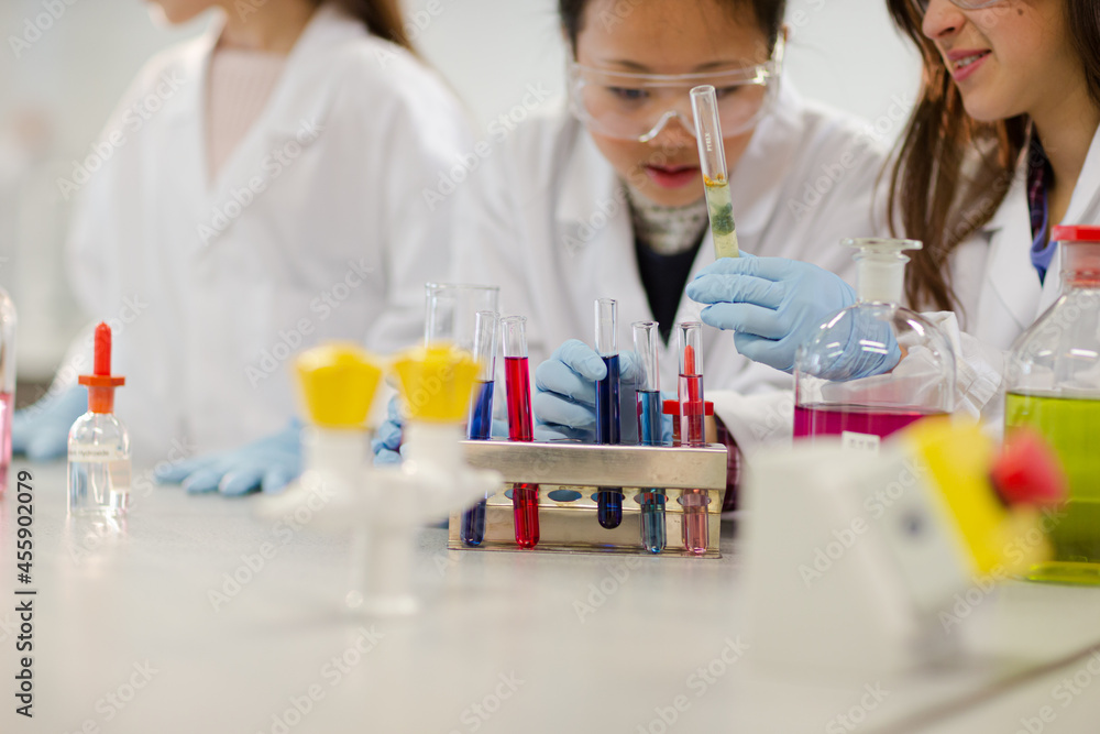 Girl students conducting scientific experiment in laboratory classroom Girl students conducting scientific experiment in laboratory classroom