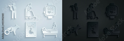 Set Separated toilet for disabled, Smart watch, Dog in wheelchair, Patient with broken leg, Grandmother and Human arm icon. Vector