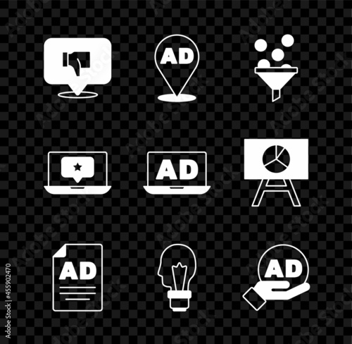 Set Dislike in speech bubble, Advertising, Lead management, Light bulb with concept of idea, Laptop star and icon. Vector