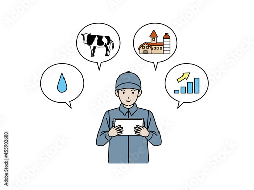 スマート畜産　精密農業　タブレットを操作する酪農家　男性　イラスト素材