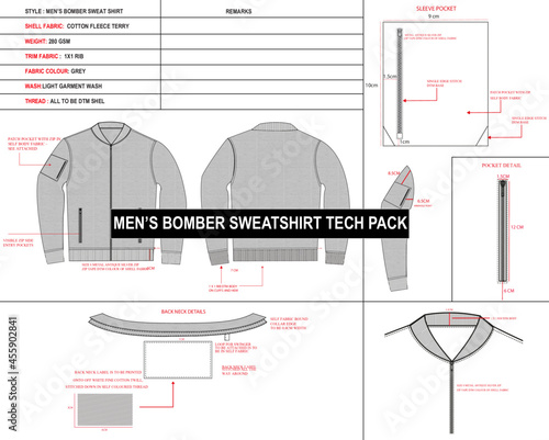 technical drawing, bomber technical drawing, jacket technical drawing, men's bomber jacket techpack