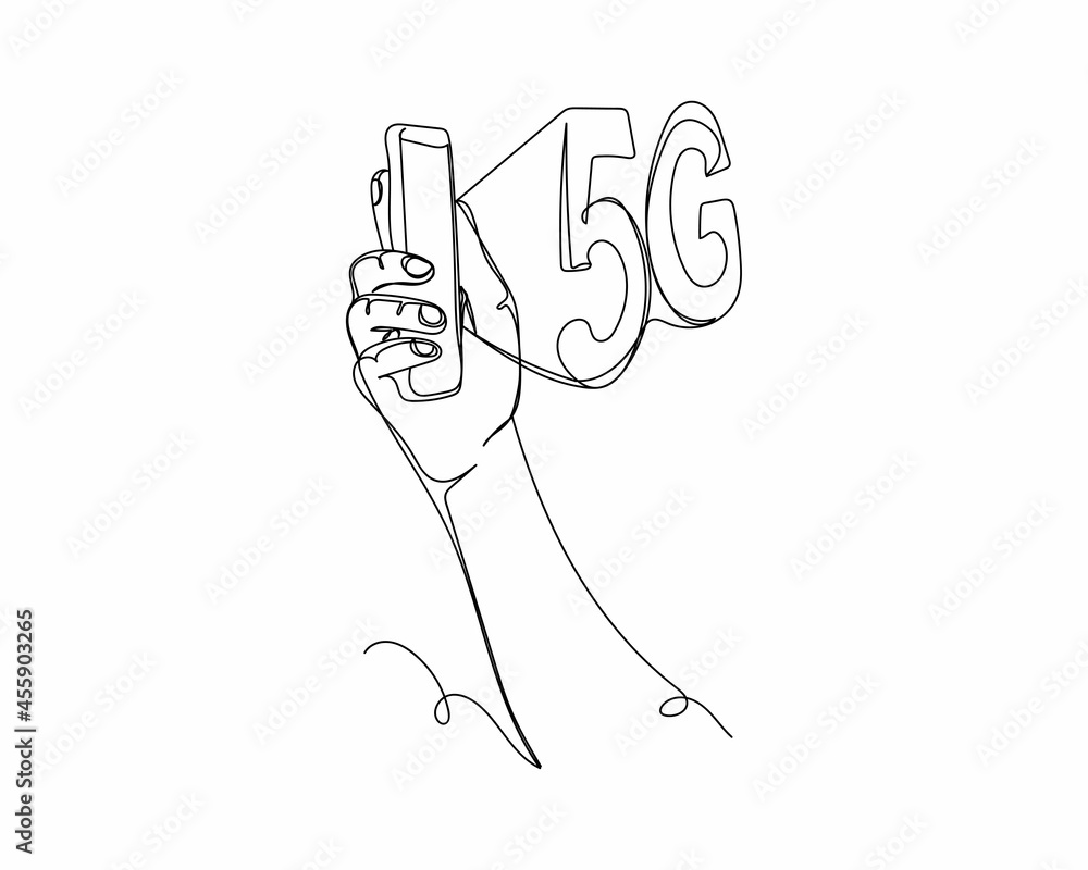 Continuous one line drawing of 5 G icon concept  in silhouette on a white background. Linear stylized.