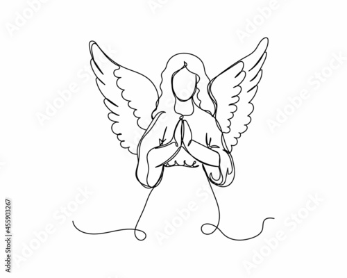 Continuous one line drawing of angel icon christmas concept in silhouette on a white background. Linear stylized.