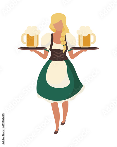 German girl holding large beer glasses semi flat color vector character. Full body person on white. Oktoberfest waitress isolated modern cartoon style illustration for graphic design and animation