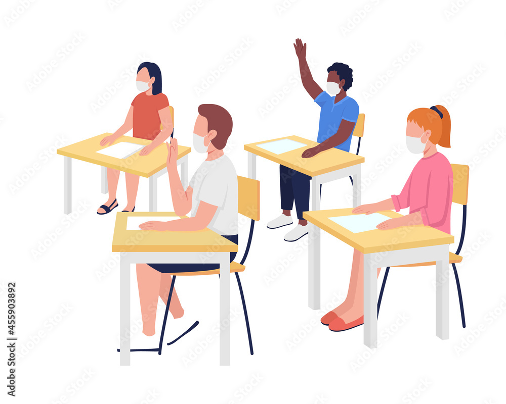 New pandemic reality at lesson semi flat color vector character. Students figures. Full body people on white. Class isolated modern cartoon style illustration for graphic design and animation New pandemic reality at lesson semi flat color vector character. Students figures. Full body people on white. Class isolated modern cartoon style illustration for graphic design and animation