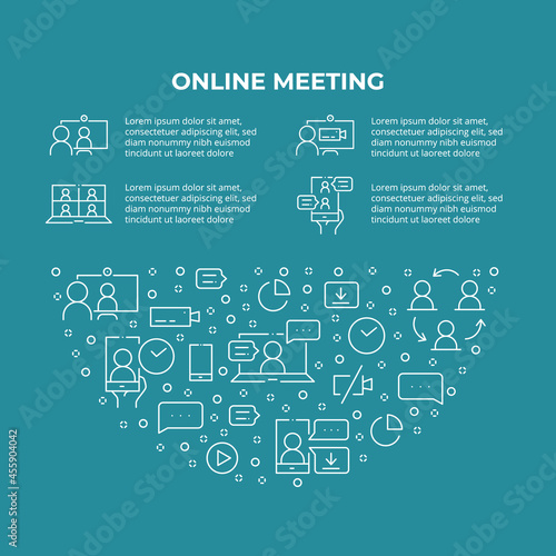 Online meeting semicircle concept made of thin line icons. Web conferencing, work from home, video communication, business process. Outline vector illustration for banner, poster, flyer or website