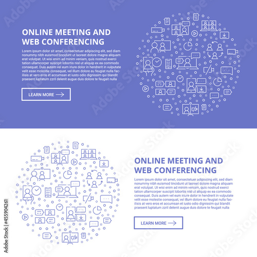 Online meeting circle concept made of thin line icons. Web conferencing, work from home, video communication, business process. Outline vector illustration template for banner, flyer or website 