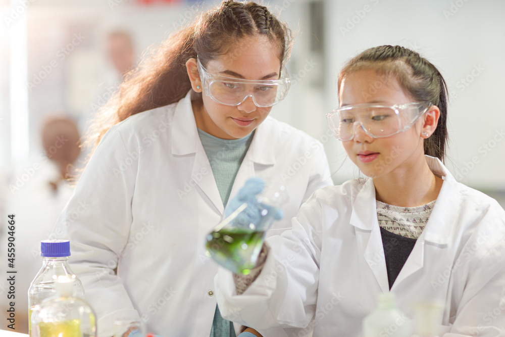 Students watching chemical reaction, conducting scientific experiment in laboratory classroom Students watching chemical reaction, conducting scientific experiment in laboratory classroom