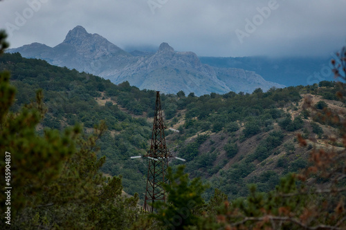 Dramatic mountain landscape. Bad weather in the mountains. Thunderclouds in the sky