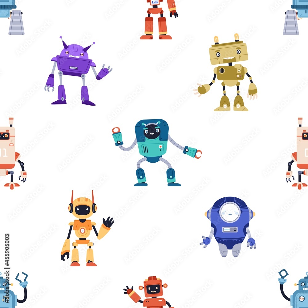 Seamless childish pattern with cute robot toys on white background. Endless repeating texture with funny cyborgs and bots for kids. Flat cartoon vector illustration of backdrop design for printing Seamless childish pattern with cute robot toys on white background. Endless repeating texture with funny cyborgs and bots for kids. Flat cartoon vector illustration of backdrop design for printing