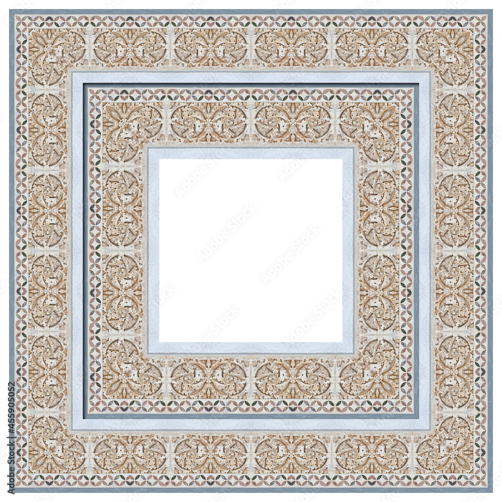 Fototapeta premium Old carved stone frame, on white background for easy selection, taken from the medieval frieze of the facade of Pisa Cathedral (Italy - Tuscany - Pisa city)