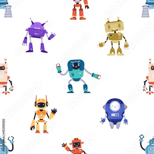 Seamless childish pattern with cute robot toys on white background. Endless r...