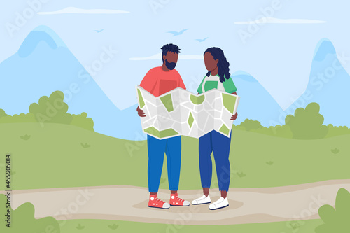 Trekkers with map on road flat color vector illustration. Backpackers planning tour. Boyfriend and girlfriend searching for trail route 2D cartoon characters with landscape on background