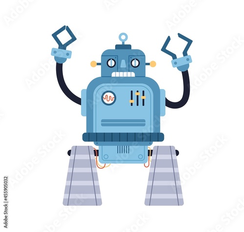 Cute funny robot toy. Old retro bot in 50s style. Childish cyborg with bizarre face and hands. Portrait of kids humanoid machine. Colored flat cartoon vector illustration isolated on white background