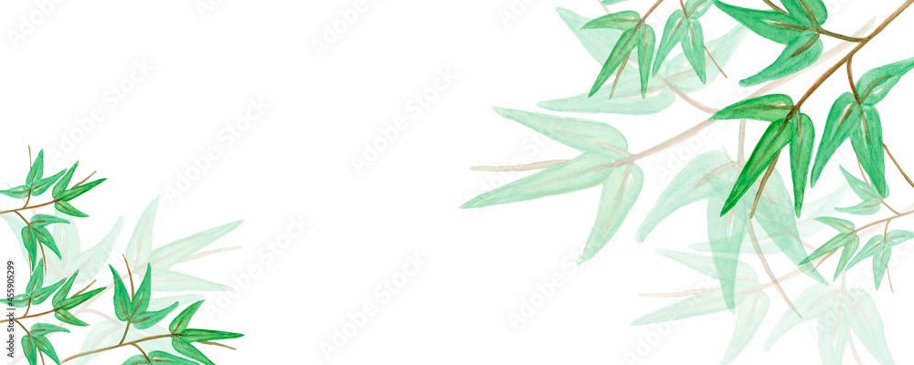 Background, banner  tropical plants  monstera and palm leaves, made of green twigs.Top and bottom border, frame made of  plants and  leaves,watercolor illustration isolated.