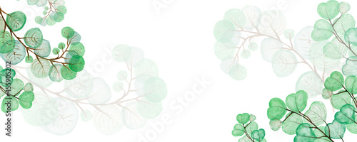 Background, banner made of green twigs.Top and bottom border, frame made of plants and leaves,watercolor illustration isolated on eucalyptus, blue background, purple background.