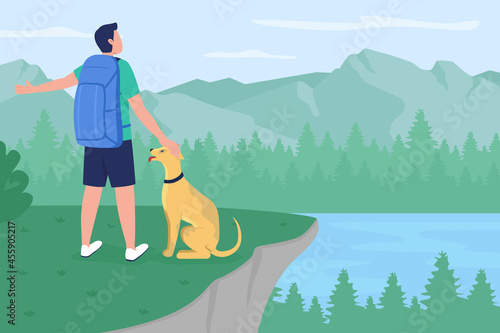 Backpacker with dog flat color vector illustration. Hiker on mountain peak enjoying view. Adventure in wilderness. Male camper with pet 2D cartoon characters with landscape on background