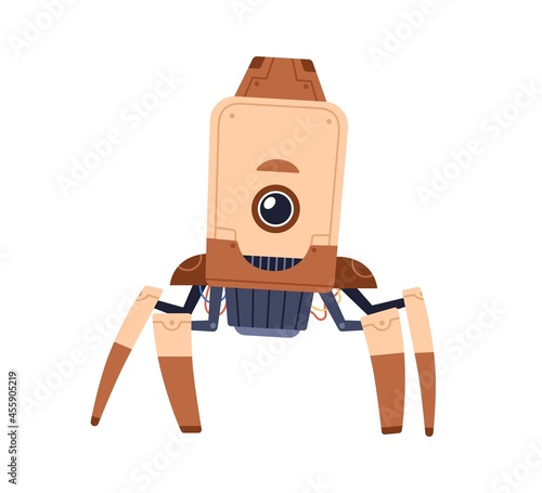 Cute single-eyed robot toy standing on metal legs-tentacles. Funny childish futuristic bot. Portrait of modern machine for kids. Colored flat cartoon vector illustration isolated on white background