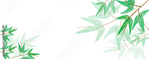 Background, banner tropical plants monstera and palm leaves, made of green twigs.Top and bottom border, frame made of plants and leaves,watercolor illustration isolated.