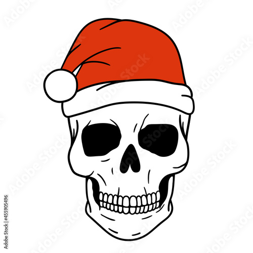 Skull Santa. Scary Christmas Skull. Horror Christmas. Vector illustration. Isolated on white background.