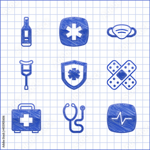Set Life insurance, Stethoscope, Heart rate, Crossed bandage plaster, First aid kit, Crutch or crutches, Medical protective mask and Digital thermometer icon. Vector