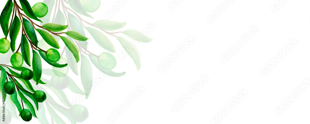 Background, banner made of  black, green olives.green twigs.Top and bottom border, frame made of  plants and  leaves,watercolor illustration isolated on blue background.