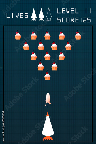 Funny print with cupcakes and cream in the form of a retro game space invaders