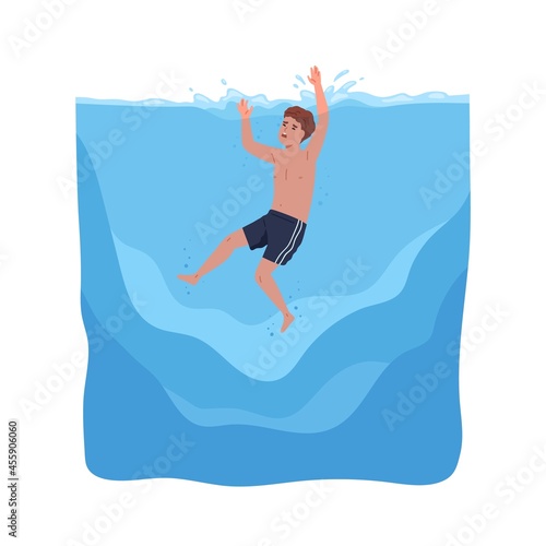 Child sinking in water. Kid in danger during sea swimming. Boy drowning and calling for help with hands. Underwater accident. Flat vector illustration of swimmer in panic isolated on white background