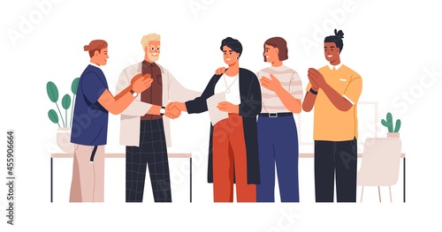 People congratulate and thanking best colleague. Office team applauding and praising employee for success in business. Professional recognition concept. Flat vector illustration isolated on white