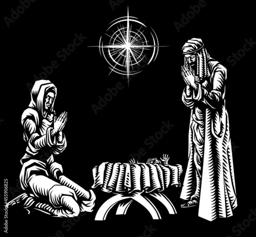 Christmas Nativity Scene Vintage Woodcut Style