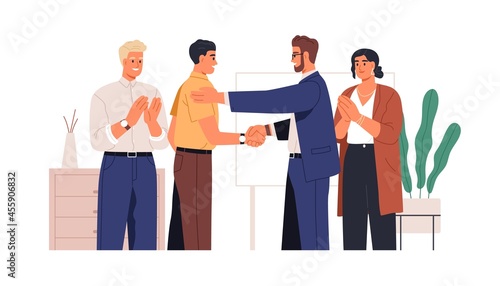 People congratulating colleague with success at work. Boss handshaking happy employee with respect, business team applauding at office meeting. Flat vector illustration isolated on white background