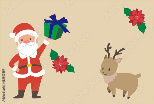 Vector illustration of Santa Claus and reindeer with Christmas gifts