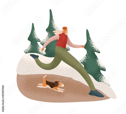 Woman runner jogging with dog in winter forest. Jogger running outdoors in cold weather with snow. Person in sportswear training in nature. Flat vector illustration isolated on white background
