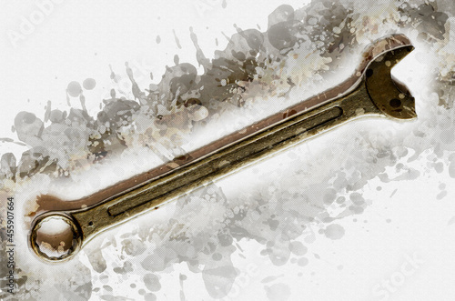 Broken open-end wrench. Forged wrench. Manual tool. Digital watercolor painting.