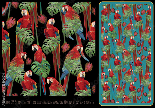 Seamless patterns green winged macaw birds and tropical leaves.