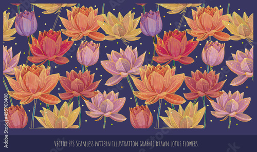 Seamless pattern art of colorful blooming lotus .