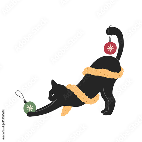 Cute black cat playing with Christmas ball, baubles and garlands, happy naughty kitten. Hand drawn vector illustration in flat cartoon style for New Year t-shirt or cards, isolated on white background