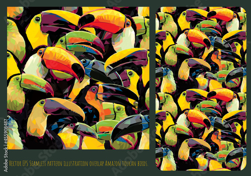 Seamless pattern art of mix colorful overlap toucan birds.