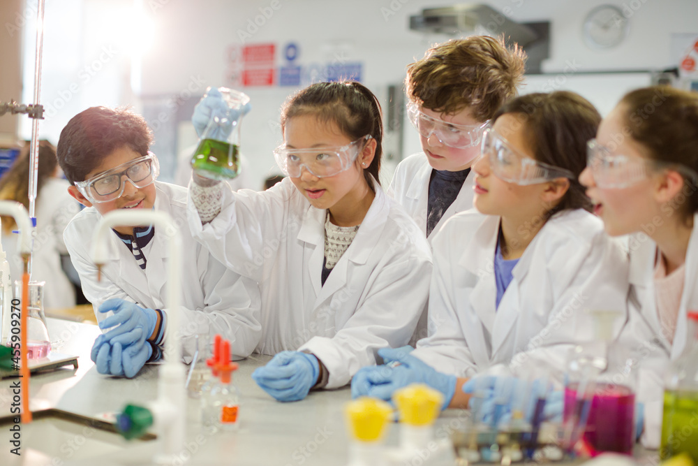 Curious students conducting scientific experiment, examining liquid in beaker in laboratory classroom Curious students conducting scientific experiment, examining liquid in beaker in laboratory classroom