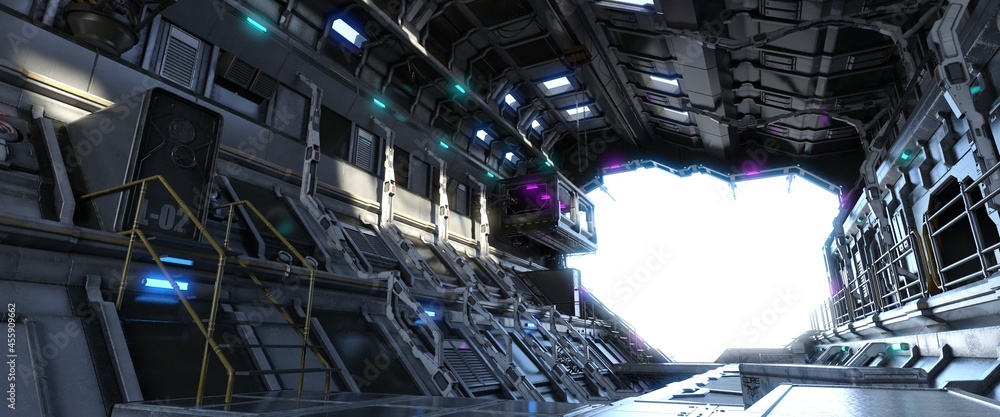 A futuristic spaceship hangar with a white blank space where you can add  your details. Huge cargo area with blue and purple neon lights. Fantastic  3D illustration. Sci-fi wallpaper. Stock Illustration