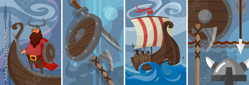 Collection of viking posters. Scandinavian placard designs in cartoon style.