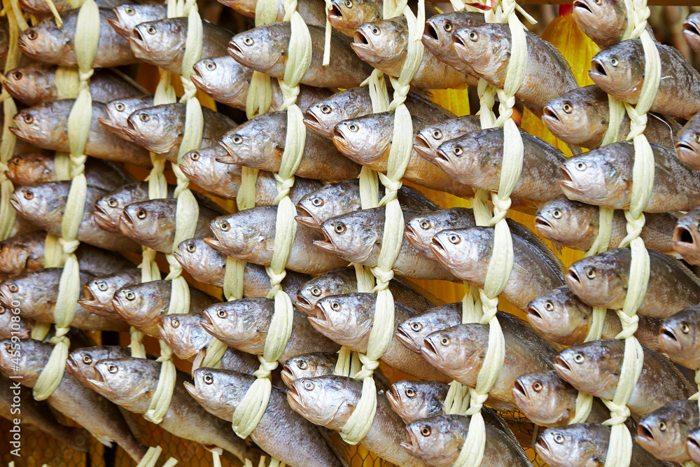 Dried fish on display in a traditional market 