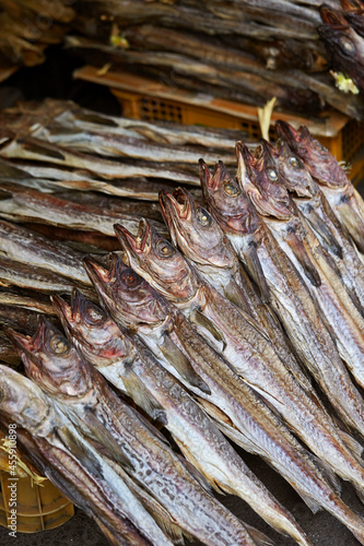 Dried pollack, dried fish displayed in a traditional market