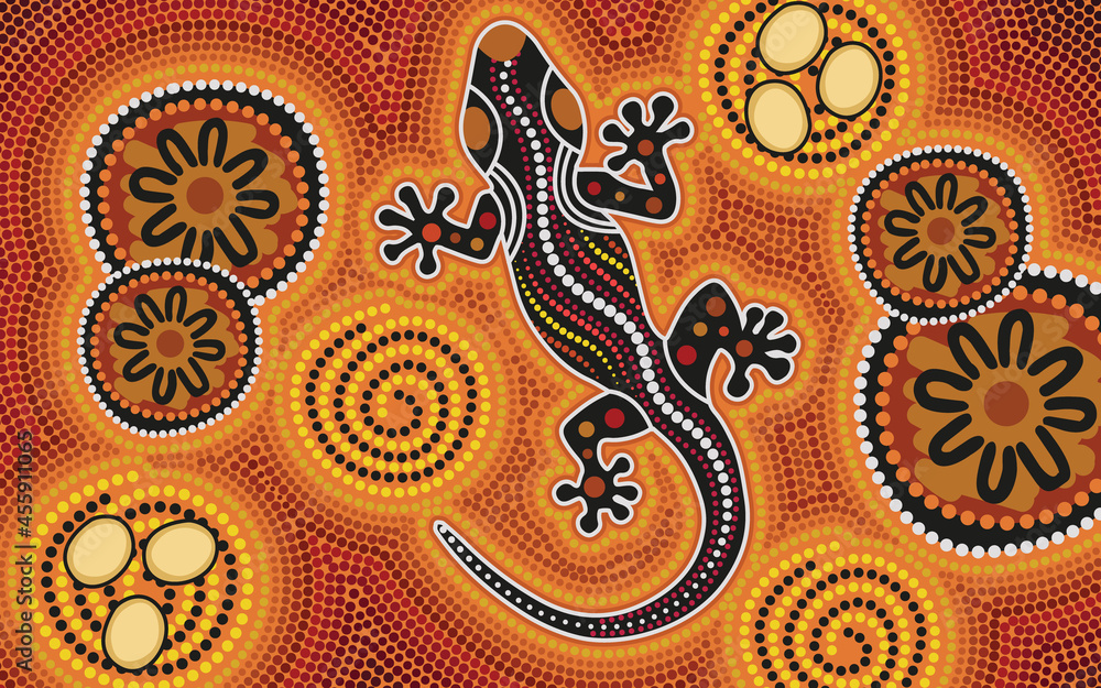 Aboriginal dot art background with lizard Stock Vector | Adobe Stock