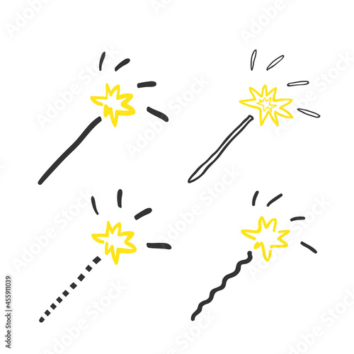 Set of creative magic wand stars or sparklers with bright yellow flash. Doodle sketch line style, hand drawing. Isolated object on a white background. Vector illustration
