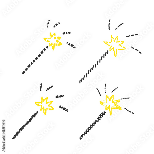Set of creative magic wand stars or sparklers with bright yellow flash. Doodle sketch line style, hand drawing. Isolated object on a white background. Vector illustration