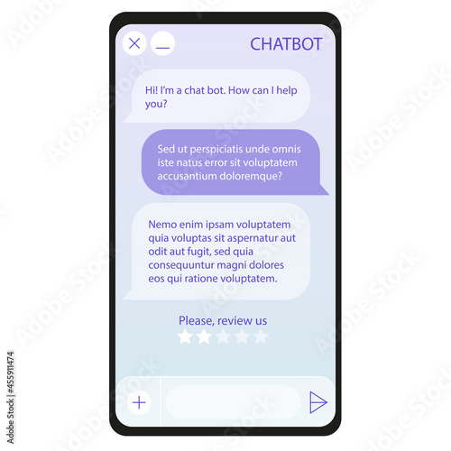 Chat bot window on smartphone screen. User interface of application with online dialogue. Conversation with a robot assistant