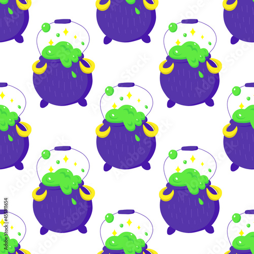 Cute poison potion cauldron vector halloween seamless pattern on a white background