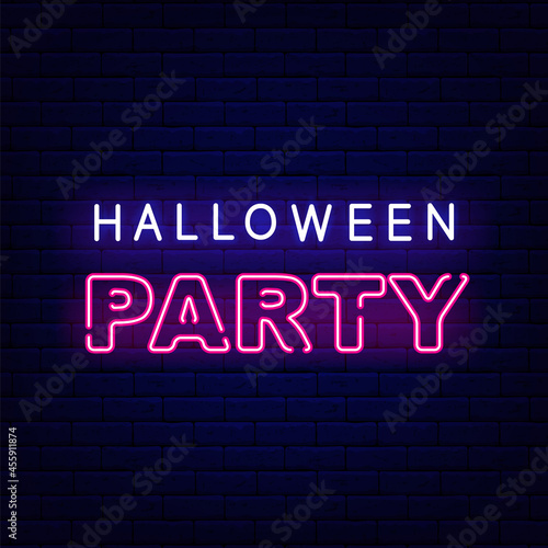 Halloween party neon sign. Holiday greeting card. Night bright signboard. Editable stroke. Isolated vector illustration