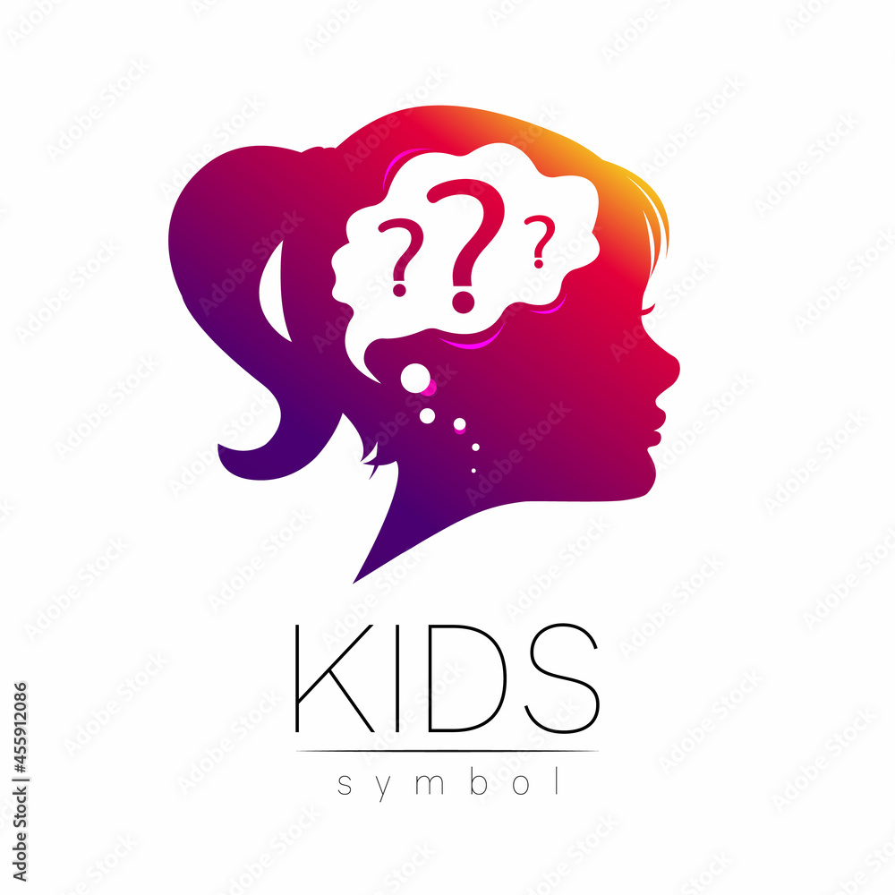 Modern logotype head with question inside brain . Logo sign of Psychology. Profile Human. Creative style. Symbol in vector. Design concept. Violet color isolated on white. Icon for web.
